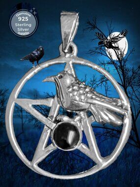 Sterling Silver 925 𝑹𝒂𝒗𝒆𝒏 w/Onyx 𝑷𝒆𝒏𝒕𝒂𝒈𝒓𝒂𝒎 Pentacle Pendant NEW